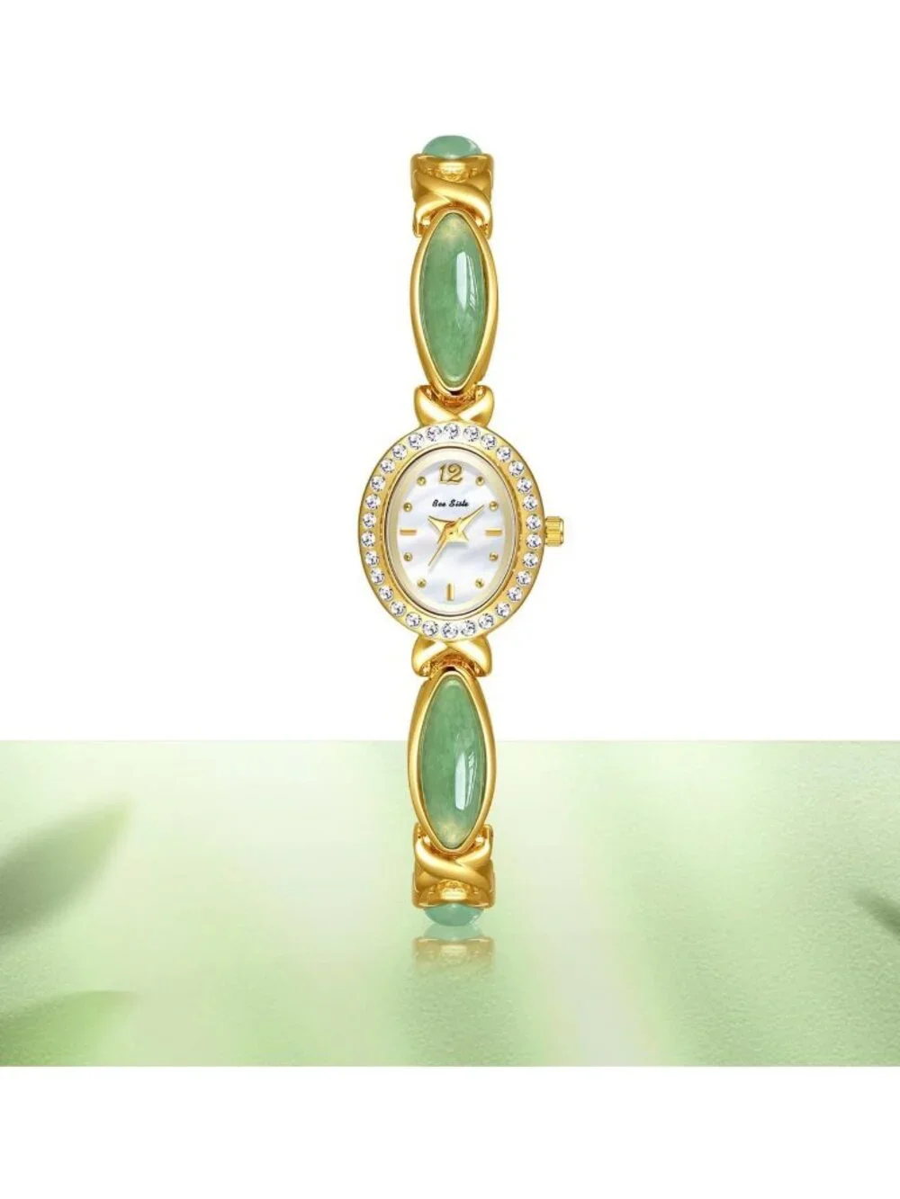 Women's Green Gold-Tone Bracelet Small Oval Face Vintage Dress Wrist Watches